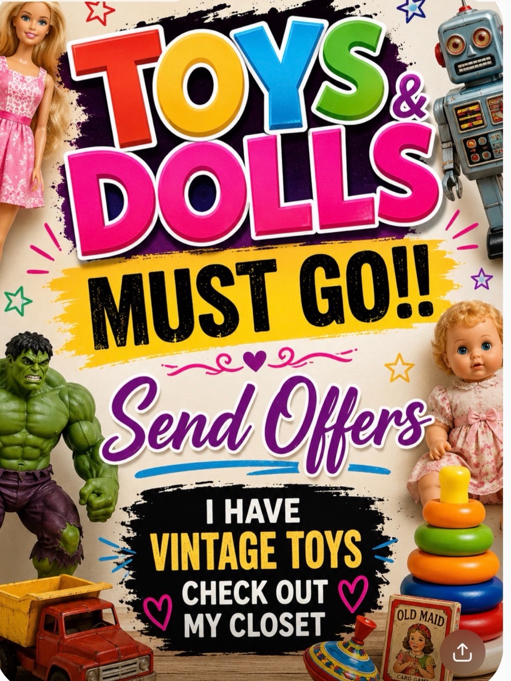 TOYS and DOLL clearance SEND message with offer cleaning closet